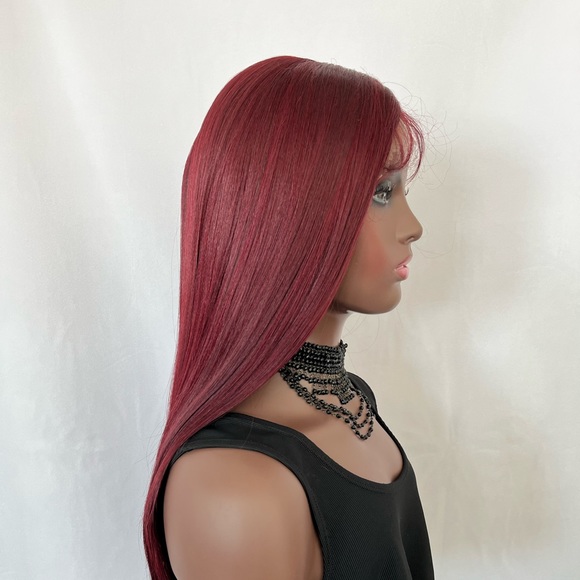 Long Straight 24” Burgundy Wine Premium Fiber Lace Front Wig - Picture 4 of 7
